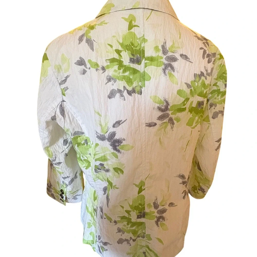 Coldwater Creek Womens P12 White Green Floral Crinkle 3/4 Sleeve‎ Blazer Jacket
